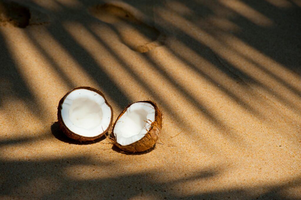Coconut cut in half on the sand.
