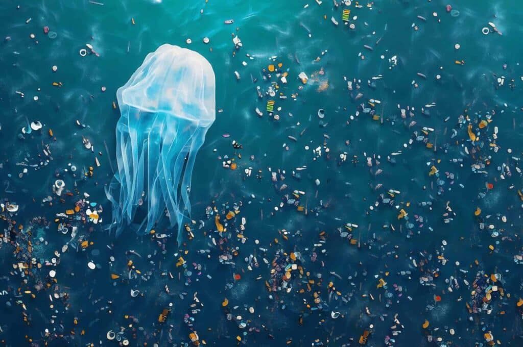 Jelly fish swimming in the ocean surrounded by plastic.